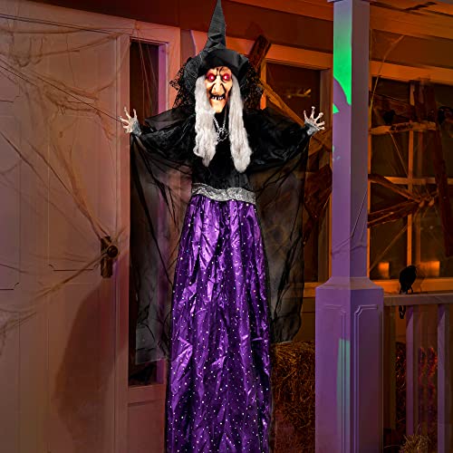 47” Hanging Animated Talking Witch Decoration with Light-up Eyes and Sound Activation Function for Halloween Haunted House Prop Décor, Halloween Hanging Decorations, Outdoor/Indoor, Lawn Decor