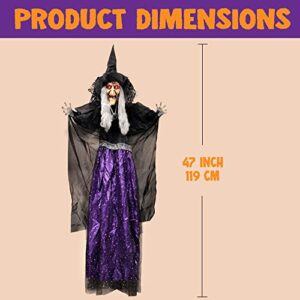 47” Hanging Animated Talking Witch Decoration with Light-up Eyes and Sound Activation Function for Halloween Haunted House Prop Décor, Halloween Hanging Decorations, Outdoor/Indoor, Lawn Decor