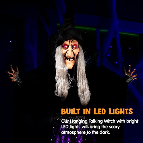 47” Hanging Animated Talking Witch Decoration with Light-up Eyes and Sound Activation Function for Halloween Haunted House Prop Décor, Halloween Hanging Decorations, Outdoor/Indoor, Lawn Decor
