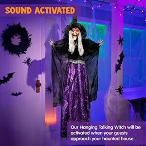 47” Hanging Animated Talking Witch Decoration with Light-up Eyes and Sound Activation Function for Halloween Haunted House Prop Décor, Halloween Hanging Decorations, Outdoor/Indoor, Lawn Decor