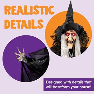 47” Hanging Animated Talking Witch Decoration with Light-up Eyes and Sound Activation Function for Halloween Haunted House Prop Décor, Halloween Hanging Decorations, Outdoor/Indoor, Lawn Decor