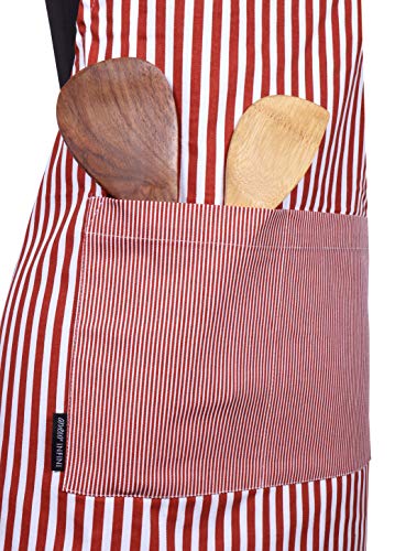 AMOUR INFINI Stripe Apron | 27.5 x 33 Inches| 100% Organic Cotton | Womens Apron for Cooking, Baking, Gardening | Convenient Pockets and Adjustable Strap at Neck & Waist Ties | Rust