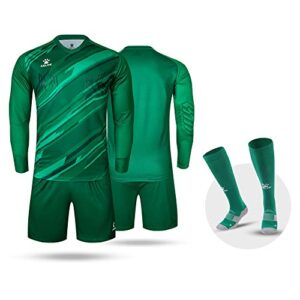 kelme men goalkeeper padded jersey and shorts, youth soccer goalie long sleeve uniform, adult keeper kit shirts pants socks green xl