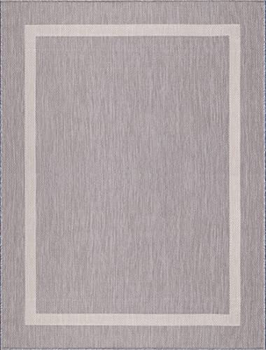 Beverly Rug Waikiki Indoor Outdoor Rug 8x10, Washable Outside Carpet for Patio, Deck, Porch, Bordered Modern Area Rug, Water Resistant, Grey - White