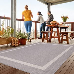 Beverly Rug Waikiki Indoor Outdoor Rug 8x10, Washable Outside Carpet for Patio, Deck, Porch, Bordered Modern Area Rug, Water Resistant, Grey - White