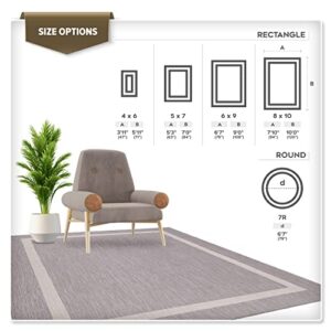Beverly Rug Waikiki Indoor Outdoor Rug 8x10, Washable Outside Carpet for Patio, Deck, Porch, Bordered Modern Area Rug, Water Resistant, Grey - White