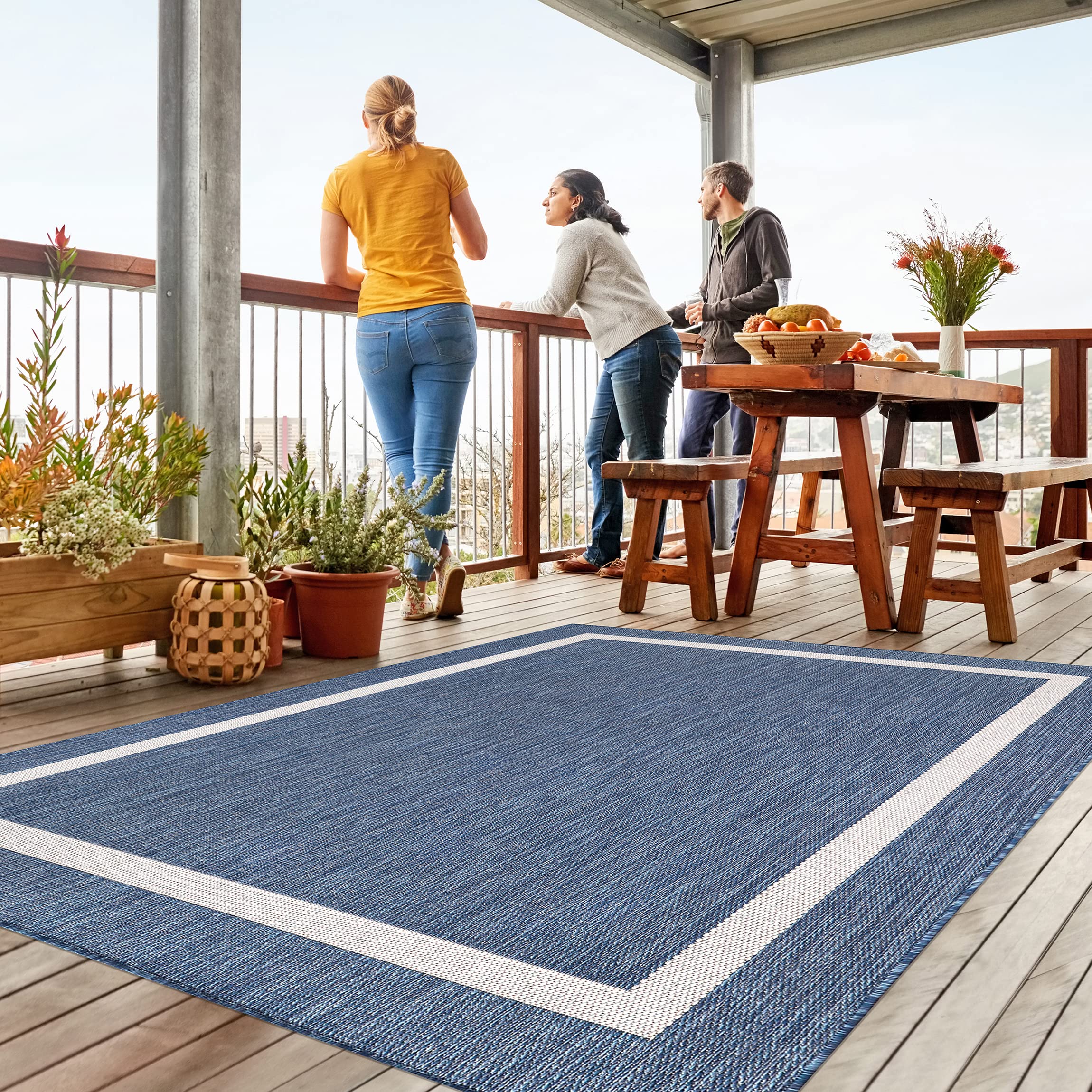 Beverly Rug Waikiki Indoor Outdoor Rug 8x10, Washable Outside Carpet for Patio, Deck, Porch, Bordered Modern Area Rug, Water Resistant, Blue - White