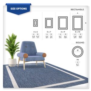 Beverly Rug Waikiki Indoor Outdoor Rug 8x10, Washable Outside Carpet for Patio, Deck, Porch, Bordered Modern Area Rug, Water Resistant, Blue - White