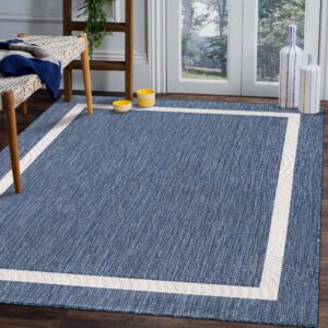 Beverly Rug Waikiki Indoor Outdoor Rug 8x10, Washable Outside Carpet for Patio, Deck, Porch, Bordered Modern Area Rug, Water Resistant, Blue - White