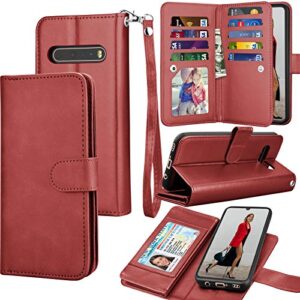 tekcoo wallet case for lg v60 thinq/lg v60 thinq 5g uw, luxury pu leather id cash credit card slots holder carrying pouch folio flip cover [detachable magnetic hard cases] lanyard [wine red]