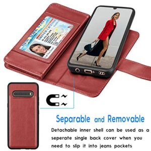 Tekcoo Wallet Case for LG V60 ThinQ/LG V60 ThinQ 5G UW, Luxury PU Leather ID Cash Credit Card Slots Holder Carrying Pouch Folio Flip Cover [Detachable Magnetic Hard Cases] Lanyard [Wine Red]