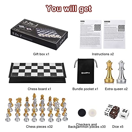 QuadPro 3 in 1 Magnetic Chess Checkers Backgammon Board Game Set with Folding Board Travel Games for Kids and Adults (Chess: Gold & Silver)