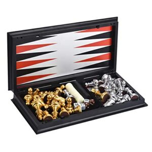 QuadPro 3 in 1 Magnetic Chess Checkers Backgammon Board Game Set with Folding Board Travel Games for Kids and Adults (Chess: Gold & Silver)