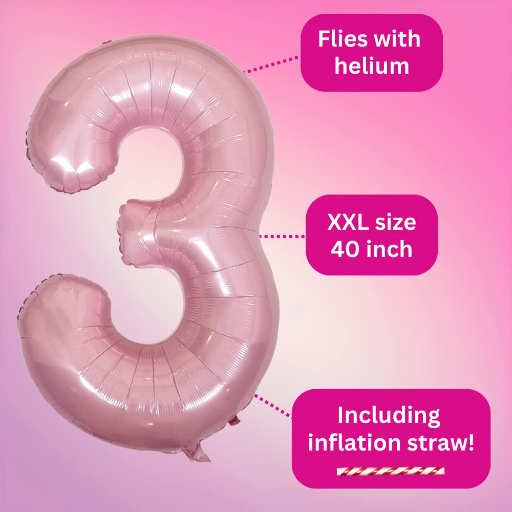 DIWULI Number Balloons 40 Inch Pastel Pink - Large Number 3 Balloon, Big Pink Balloons, Helium 3rd Birthday Party Decorations Supplies Foil Balloons Numbers Girl Women, Big Balloon Years Anniversary