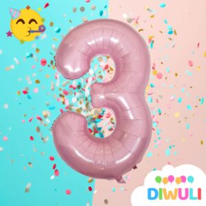 DIWULI Number Balloons 40 Inch Pastel Pink - Large Number 3 Balloon, Big Pink Balloons, Helium 3rd Birthday Party Decorations Supplies Foil Balloons Numbers Girl Women, Big Balloon Years Anniversary