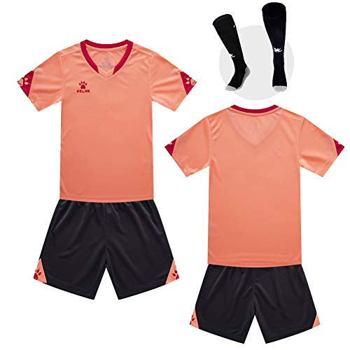 KELME Kids Team Soccer Jersey and Shorts, Boys Shirts Soccer Uniform Kit, Girls Indoor Turf Sport Outfit (Orange,Kid 8)