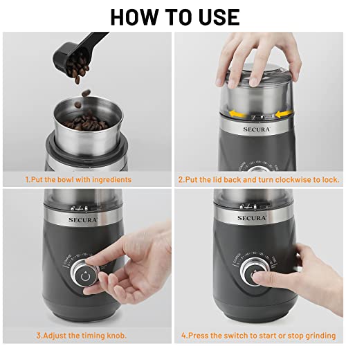 Secura Adjustable Coffee Grinder Electric, Spice Grinder Electric, Coffee Bean Grinder, Multipurpose Grinder for Spices, Herbs, Nuts, Grains with 1 Stainless Steel Blades Removable Bowl, Grey