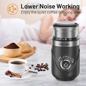 Secura Adjustable Coffee Grinder Electric, Spice Grinder Electric, Coffee Bean Grinder, Multipurpose Grinder for Spices, Herbs, Nuts, Grains with 1 Stainless Steel Blades Removable Bowl, Grey