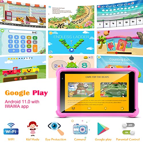 qunyiCO 7 inch Kids Tablet 32GB Android 11 WiFi Camera Bluetooth 2GB RAM Eye Protection HD IPS Touch Screen 1024x600 Kid-Proof Case Parental Control Learning Apps on Google Certified Playstore Pink