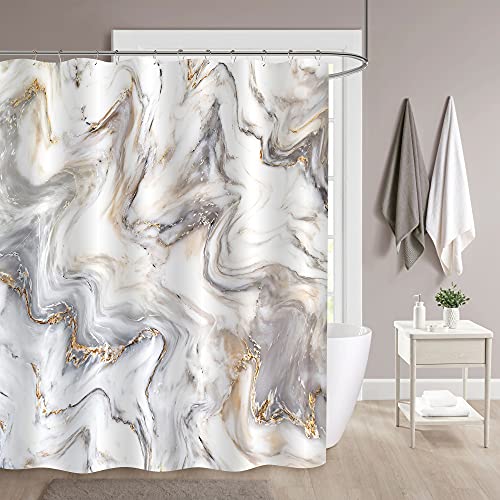 MitoVilla Grey Gold Marble Shower Curtain Set, Abstract Modern Shower Curtain for Bathroom Decor, Luxury Standard Shower Curtain for Bathtub, Waterproof Washable Fabric Shower Curtain, 72 x 72