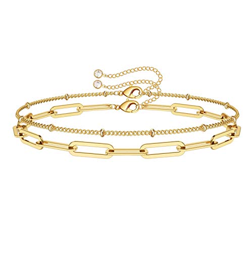 Turandoss Gold Bracelets for Women, 14K Gold Filled Layering Oval Chain Bracelet Cute Gold Layered Beads Chain Gold Bracelets for Women Jewelry(Oval Chain & Beads Chain)