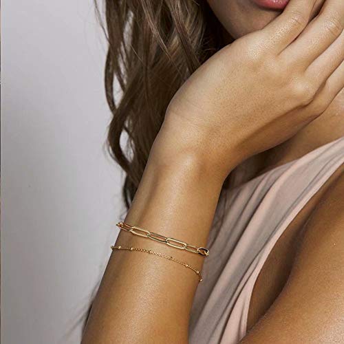 Turandoss Gold Bracelets for Women, 14K Gold Filled Layering Oval Chain Bracelet Cute Gold Layered Beads Chain Gold Bracelets for Women Jewelry(Oval Chain & Beads Chain)