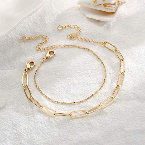 Turandoss Gold Bracelets for Women, 14K Gold Filled Layering Oval Chain Bracelet Cute Gold Layered Beads Chain Gold Bracelets for Women Jewelry(Oval Chain & Beads Chain)