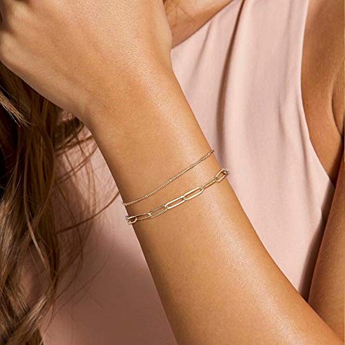 Turandoss Gold Bracelets for Women, 14K Gold Filled Layering Oval Chain Bracelet Cute Gold Layered Beads Chain Gold Bracelets for Women Jewelry(Oval Chain & Beads Chain)