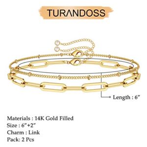 Turandoss Gold Bracelets for Women, 14K Gold Filled Layering Oval Chain Bracelet Cute Gold Layered Beads Chain Gold Bracelets for Women Jewelry(Oval Chain & Beads Chain)