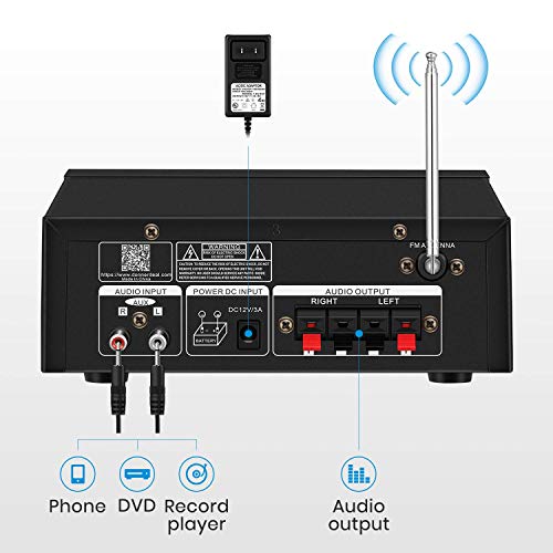 Moukey 2 Channel Amplifier for Stereo Audio Speakers Bluetooth 5.0 - Portable RMS 100W, Desktop Power Receivers with FM Radio, MP3/USB/SD Readers, 2 Mic Input, Remote MAMP3