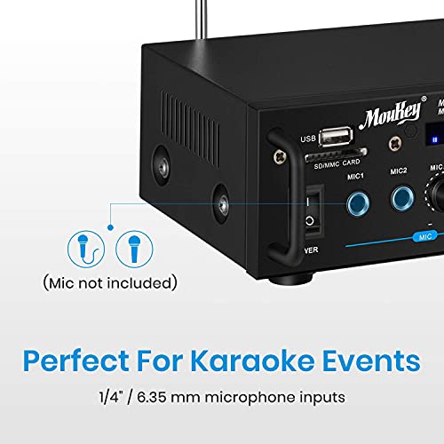 Moukey 2 Channel Amplifier for Stereo Audio Speakers Bluetooth 5.0 - Portable RMS 100W, Desktop Power Receivers with FM Radio, MP3/USB/SD Readers, 2 Mic Input, Remote MAMP3