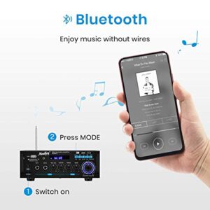 Moukey 2 Channel Amplifier for Stereo Audio Speakers Bluetooth 5.0 - Portable RMS 100W, Desktop Power Receivers with FM Radio, MP3/USB/SD Readers, 2 Mic Input, Remote MAMP3