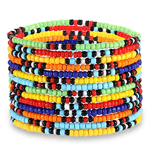HEIDKRUEGER Seed Bead Stretch Bracelets Colorful Rainbow Tiny Beaded Stackable Vsco Bracelets Boho Summer Vacation Adjustable Bangle Bracelet for Women Girls 14Pcs