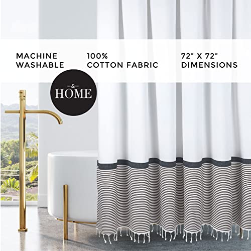 HALL & PERRY Modern Farmhouse Tassel Shower Curtain 100% Cotton Striped Fabric Shower Curtain with Tassels for Bathroom Decor - Tan, 72"x72"