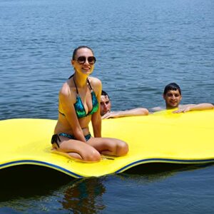 gymax floating water pad, 9'/18' x 6' water foam mat with rolling pillow, 3-layer floating island for pool river lake beach ocean water activities (yellow, 9 feet)