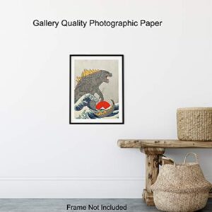 Great Wave Off Kanagawa - Godzilla Poster, Monster Movie Wall Decor, Art Print - Gift for Vintage Hollywood Horror Movie Fans - Boys Room, Teen Room Decor - 8x10 UNFRAMED Picture Print