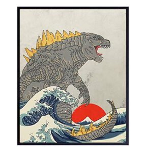 great wave off kanagawa - godzilla poster, monster movie wall decor, art print - gift for vintage hollywood horror movie fans - boys room, teen room decor - 8x10 unframed picture print
