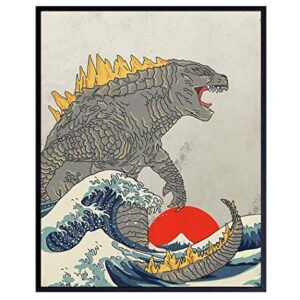 Great Wave Off Kanagawa - Godzilla Poster, Monster Movie Wall Decor, Art Print - Gift for Vintage Hollywood Horror Movie Fans - Boys Room, Teen Room Decor - 8x10 UNFRAMED Picture Print