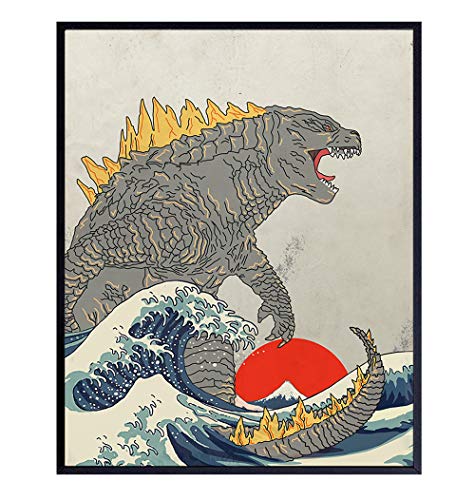 Great Wave Off Kanagawa - Godzilla Poster, Monster Movie Wall Decor, Art Print - Gift for Vintage Hollywood Horror Movie Fans - Boys Room, Teen Room Decor - 8x10 UNFRAMED Picture Print