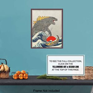 Great Wave Off Kanagawa - Godzilla Poster, Monster Movie Wall Decor, Art Print - Gift for Vintage Hollywood Horror Movie Fans - Boys Room, Teen Room Decor - 8x10 UNFRAMED Picture Print