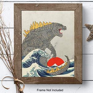 Great Wave Off Kanagawa - Godzilla Poster, Monster Movie Wall Decor, Art Print - Gift for Vintage Hollywood Horror Movie Fans - Boys Room, Teen Room Decor - 8x10 UNFRAMED Picture Print