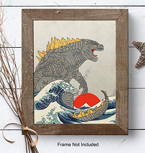 Great Wave Off Kanagawa - Godzilla Poster, Monster Movie Wall Decor, Art Print - Gift for Vintage Hollywood Horror Movie Fans - Boys Room, Teen Room Decor - 8x10 UNFRAMED Picture Print