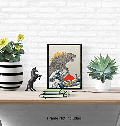 Great Wave Off Kanagawa - Godzilla Poster, Monster Movie Wall Decor, Art Print - Gift for Vintage Hollywood Horror Movie Fans - Boys Room, Teen Room Decor - 8x10 UNFRAMED Picture Print