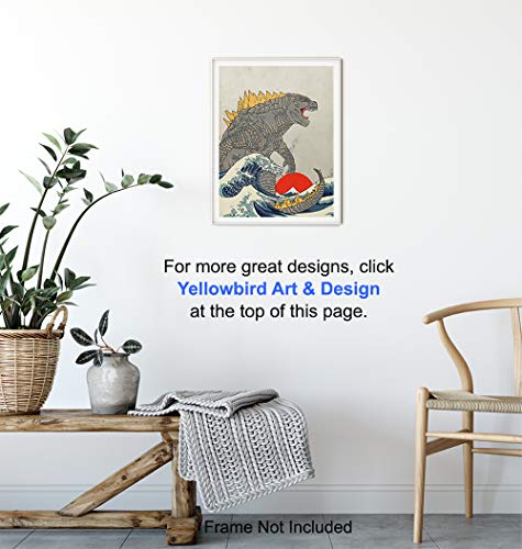 Great Wave Off Kanagawa - Godzilla Poster, Monster Movie Wall Decor, Art Print - Gift for Vintage Hollywood Horror Movie Fans - Boys Room, Teen Room Decor - 8x10 UNFRAMED Picture Print