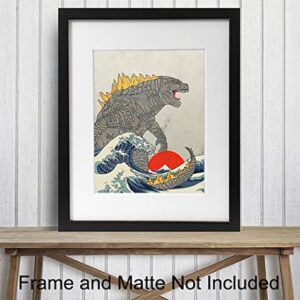 Great Wave Off Kanagawa - Godzilla Poster, Monster Movie Wall Decor, Art Print - Gift for Vintage Hollywood Horror Movie Fans - Boys Room, Teen Room Decor - 8x10 UNFRAMED Picture Print