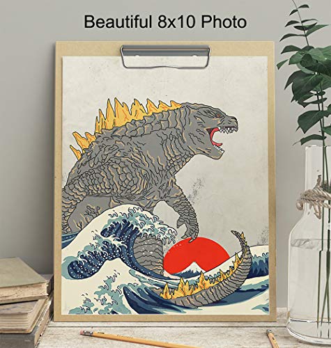 Great Wave Off Kanagawa - Godzilla Poster, Monster Movie Wall Decor, Art Print - Gift for Vintage Hollywood Horror Movie Fans - Boys Room, Teen Room Decor - 8x10 UNFRAMED Picture Print