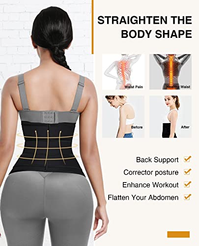 FeelinGirl womens Neoprene Waist Trainer 3 Straps Tummy Control Workout Corset Cincher Long Torso Trimmer Sauna Belt, Black, Medium