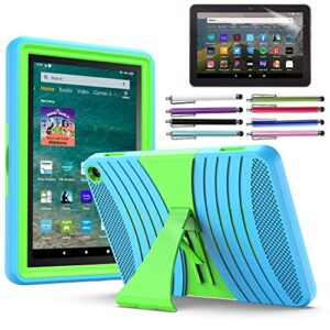 EpicGadget Case for Amazon Fire HD 8 / Fire HD 8 Plus (12th Generation, 2022 Released) - Heavy Duty Hybrid Case Cover with Kickstand + 1 Screen Protector and 1 Stylus (Blue/Green)