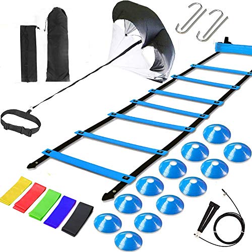 Agility Ladder Speed Training Equipment, Includes 12 Rung Agility Ladder,Running Parachute,Jump Rope,Resistance Bands,12 Resistance Cones for Football,Basketball,Hockey Training Athletes