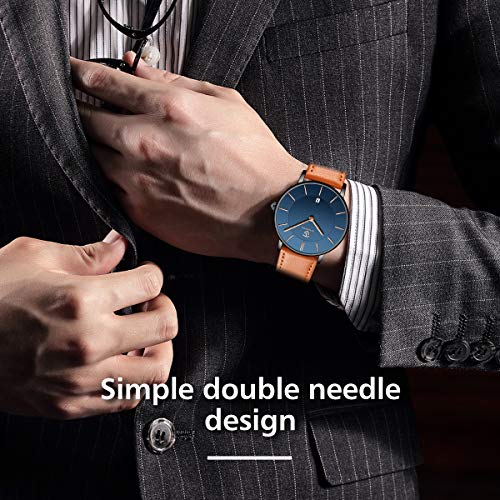 BEN NEVIS Watch, Mens Watch, Minimalist Fashion Simple Wrist Watch Analog Date with Leather Strap Orange Blue